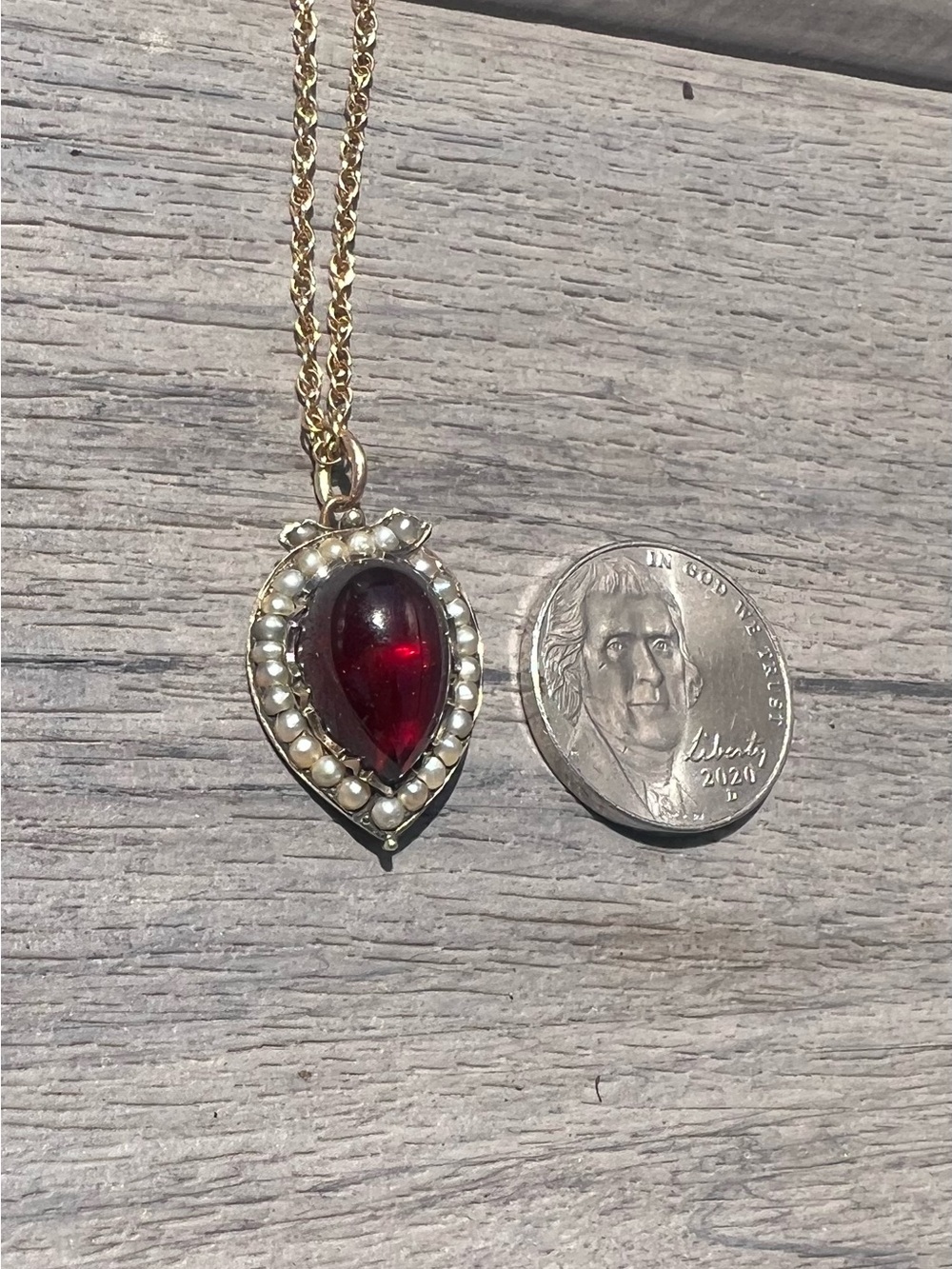 Vintage Gold-Tone Pendant Necklace with Deep Red Teardrop Stone and Pearl Halo - Picture 2 of 4